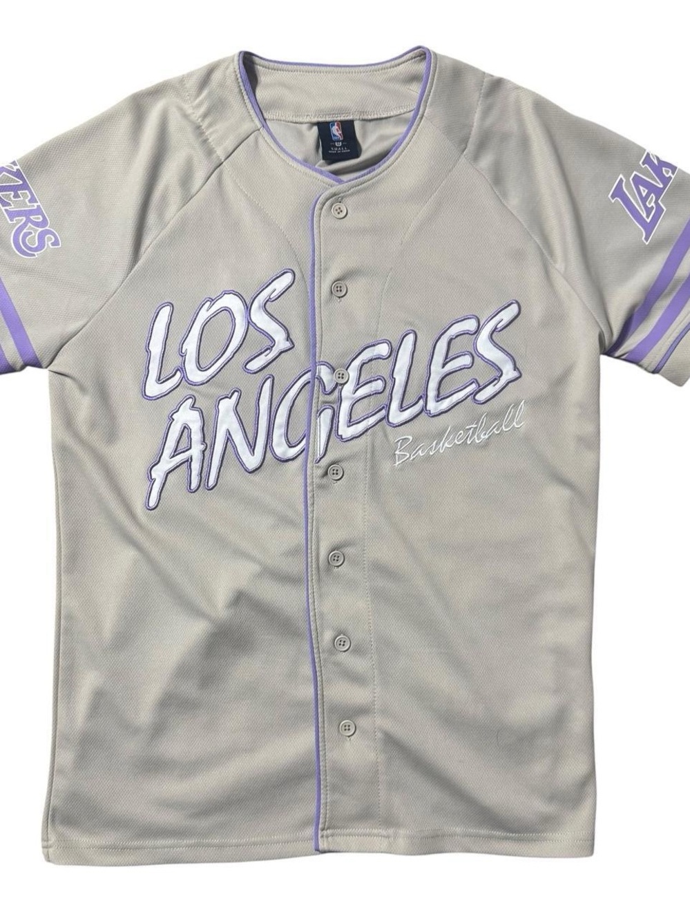 Los Angeles Lakers Button-Front Basketball Jersey Gray Purple White Mens Small